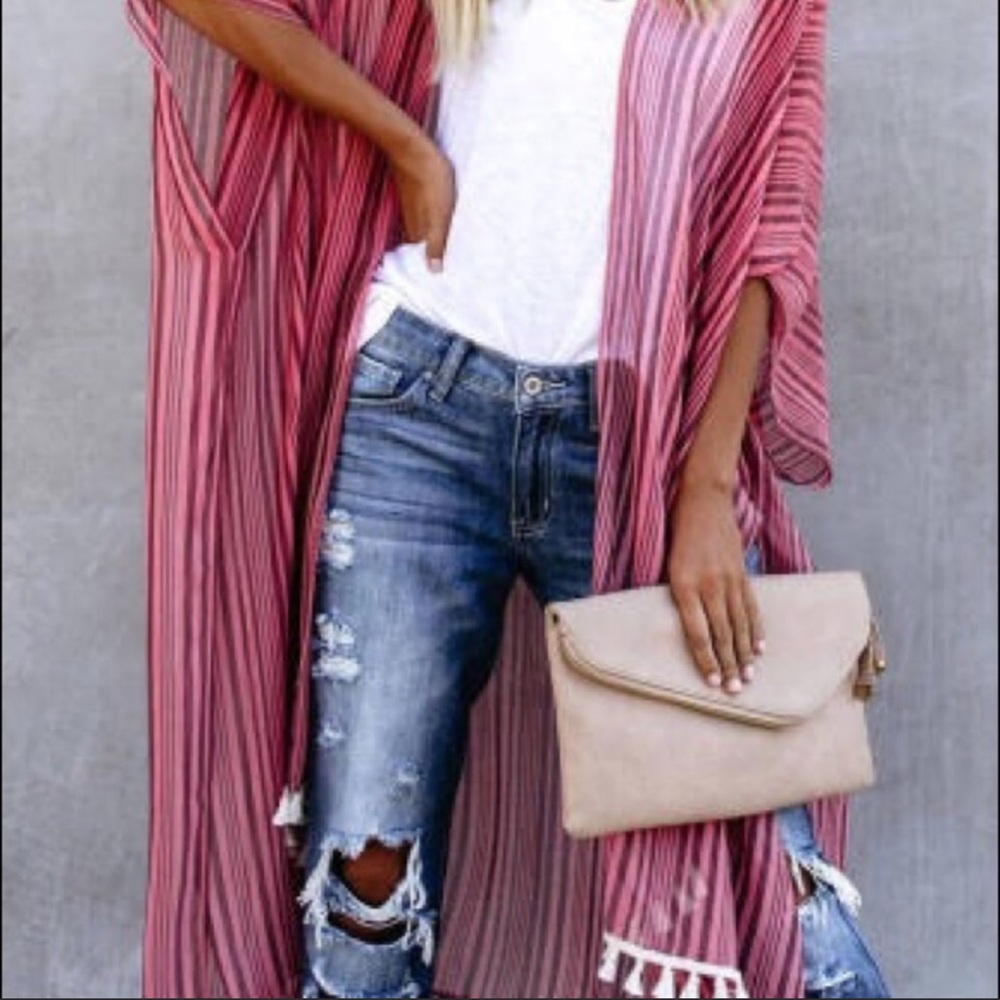 NEW‼️MAROON PINK Striped Tassel beach- Kimono - Picture 3 of 5
